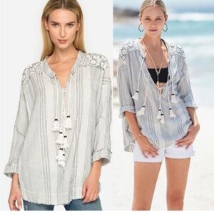 Johnny Was Striped Embroidered Beaded  Tassel Jaque Tunic - Burnt Orange, Cream